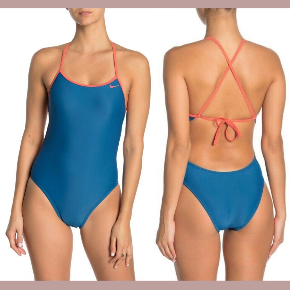 NEW $60 Nike [ 12 ] Cross Tie Back One Piece Swimsuit in Blue‎ /Coral